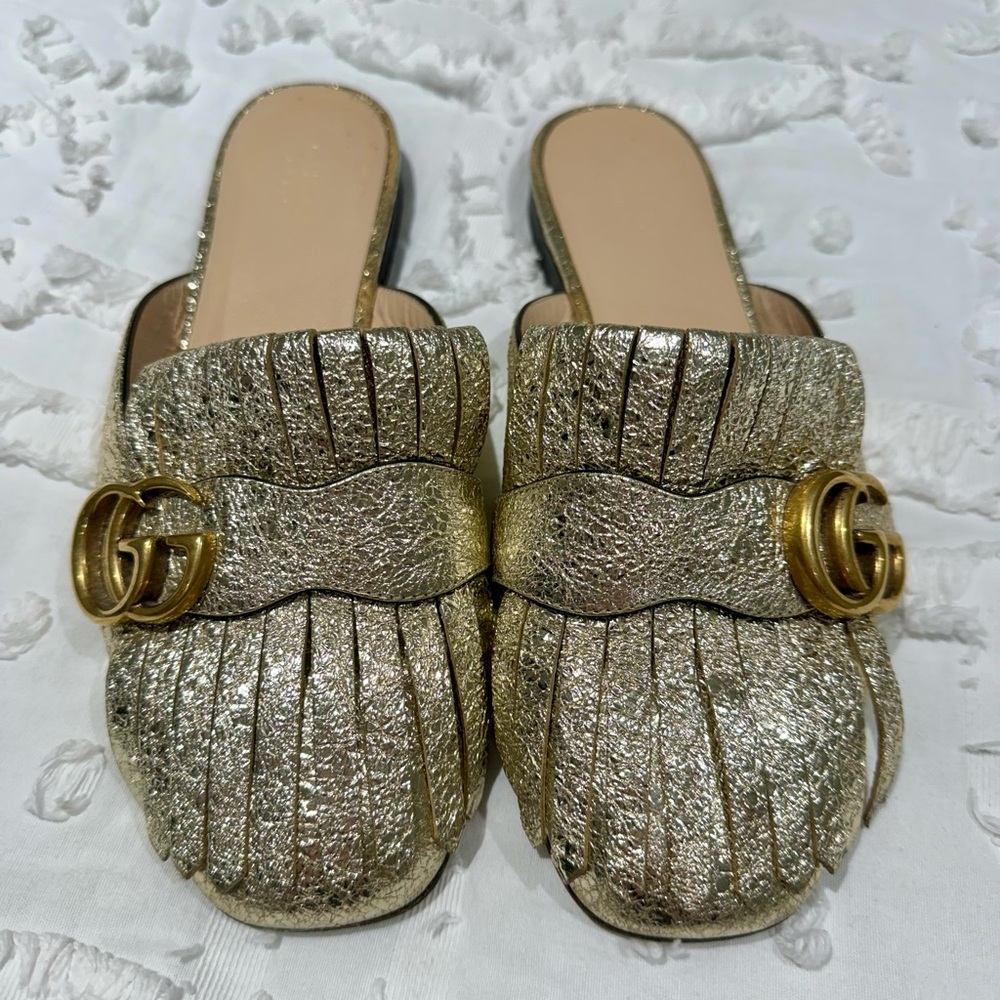 Authentic Gold Gucci Marmont Fringe Loafer Mules